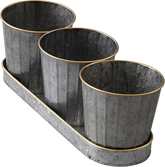 SOFE Metal Herb Pots for Indoor Plants, Window Herb Garden for Kitchen, Galvanized Bucket Planter Set of 3 with Tray, Rustic Flower Pots for Mint, Rosemary, Basil Plant - Bloomnest