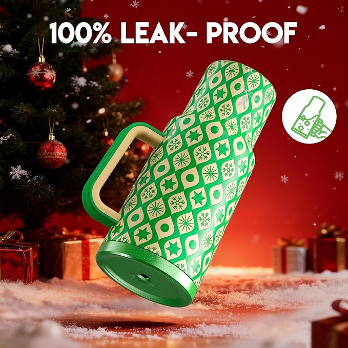 Meoky 40 oz Christmas Tumbler with Handle and Straw, Xmas Tumbler with Lid and Straw, Insulated Stainless Steel Travel Mug, Christmas Gifts for Women Men Adults (Emerald Cheer) - Bloomnest