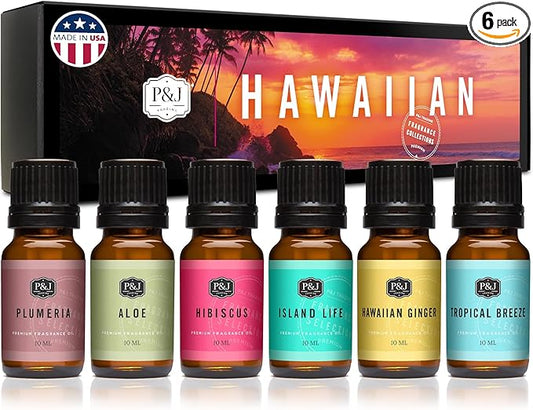 P&J Trading Fragrance Oil Hawaiian Set | Hibiscus, Island Life, Hawaiian Ginger, Tropical Breeze, Plumeria, Aloe Scents for Candle Making, Freshie, Soap Making Supplies, Diffuser Oil Scents PJTrading