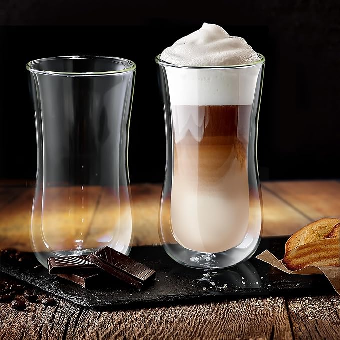Joeyan Glass Double Walled Beer Drinking Glasses Tumbler, Double Layer Tall Borosilicate Insulated Water Cocktail Glass Cups, Double Lined Thermo Tea Coffee Hot Beverage Glassware 12 oz, Set of 2 - Bloomnest