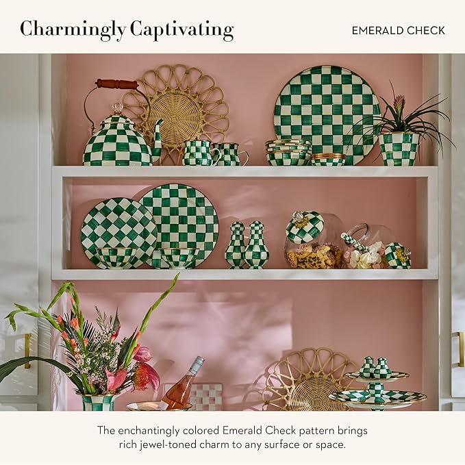 MACKENZIE-CHILDS Enamel Teapot, Cute Small Teapot with Lid, 4-Cup Capacity, Green-and-White Emerald Check - Bloomnest