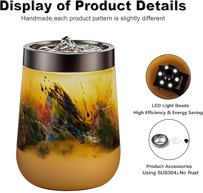 VOREEN Handblown Glass Tabletop Fountain – Yellow Art Glass Water Feature with Gentle Ambient Glow – Optional Aromatherapy for Home, Spa, Office Décor - Bloomnest