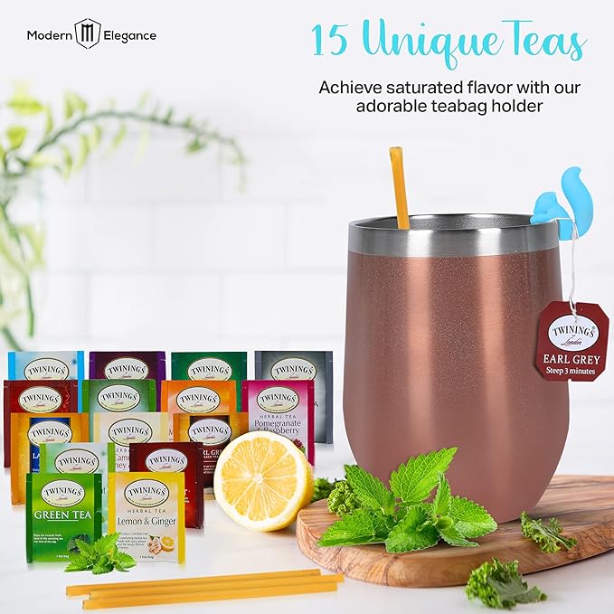 Modern Elegance Tea Tumbler Gift Set – Includes Tea Bag Holder, Spoon, Honey Straw, 15 Assorted Flavor Blends & Hot & Cold 12oz Insulated Tumbler – Ideal for Holiday Gift for Tea Lovers – Rose Gold - Bloomnest