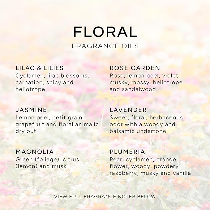Eternal Essence Oils Floral Set of 6 Premium Fragrance Oils - Lavender, Lilac Lillies, Jasmine, Plumeria, Rose Garden, Magnolia Scented Oil - for Diffusers, Candle & Soap Making, & Aromatherapy - Bloomnest