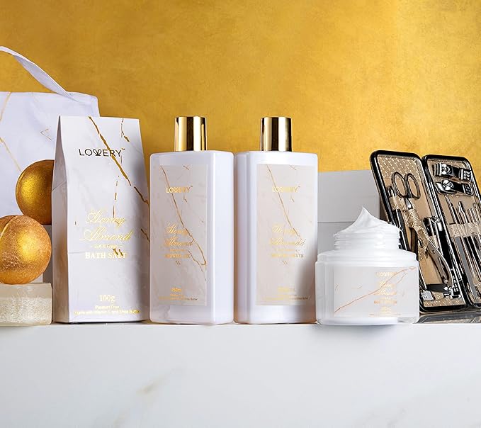 Gifts for Mom, Gift Basket, Spa Gifts For Women, 31Pc Self Care Kit, Stress Relief Gift, Birthday, Thank You, Honey Almond Bath and Body Gift - Toiletry Bag, Nail Kit, Bath Bombs & More