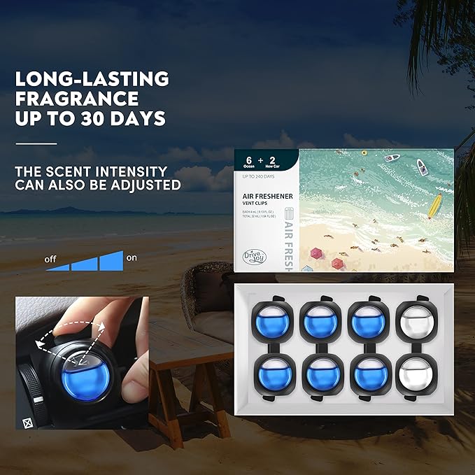 Car Air Freshener Vent Clips, 8 PK, 6 Ocean, 2 New Car Scent, Long Lasting Air Fresheners for Men & Women, Up to 240 Days, Odor Eliminator - Bloomnest