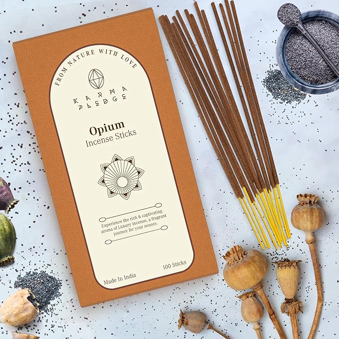 Opium Incense Sticks, Organic Hand Dipped 100 Sticks with Natural Herbs & Aromatic Ingredients, Burn Time 45 to 60 Minutes, Incense for Positivity, Yoga, Meditation, Relaxation, Spiritual Gift KARMAPLEDGE