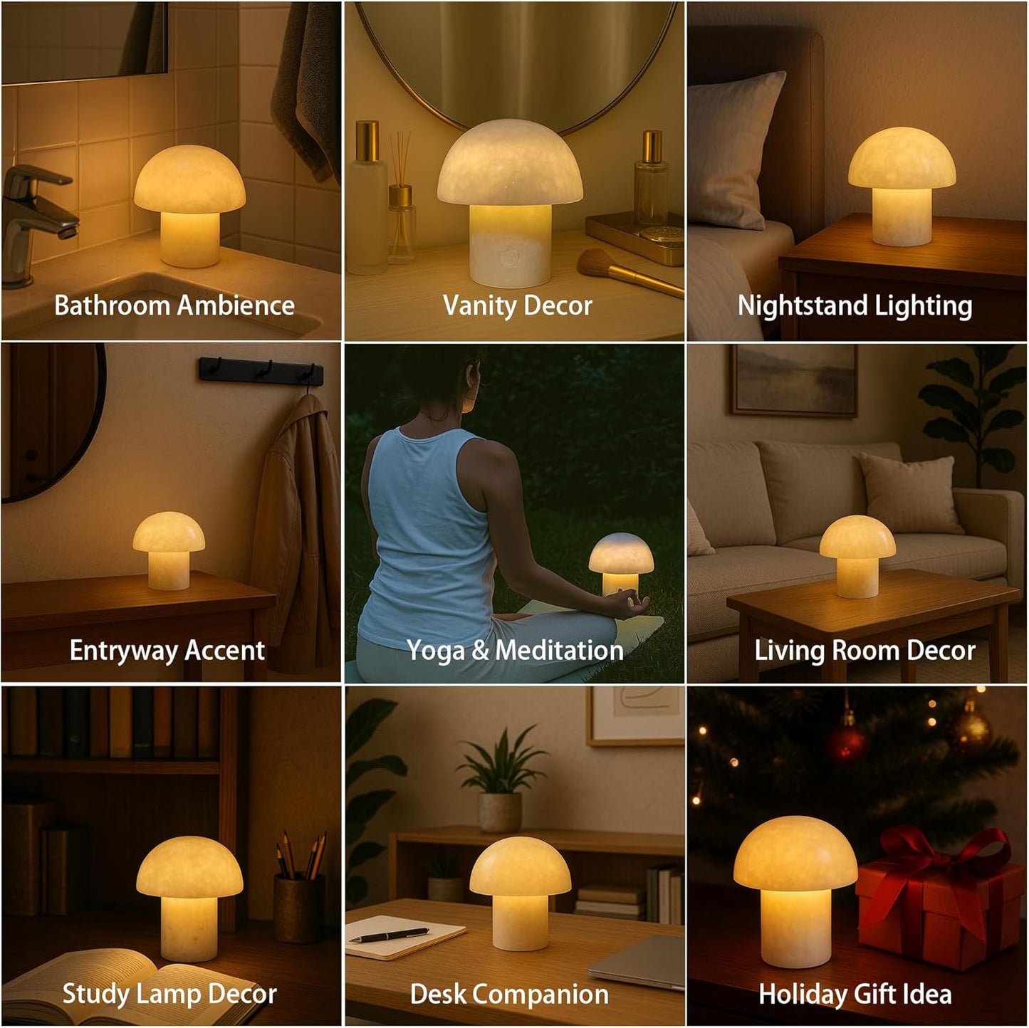 Rechargeable Mushroom Night Light - Dimmable Natural Marble Stone Table Lamp, LED Touch Light for Bedside, Meditation, Entryway, Gift Idea