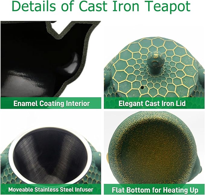 YJX Cast Iron Teapot and Cups Set, 33.8oz Hexagon Pattern Tea Pot Enameled Interior, Tea Kettle for Stovetop, Japanese Teapot Set with Teacups for Adults, Green Kettle with Infuser for Loose Leaf - Bloomnest