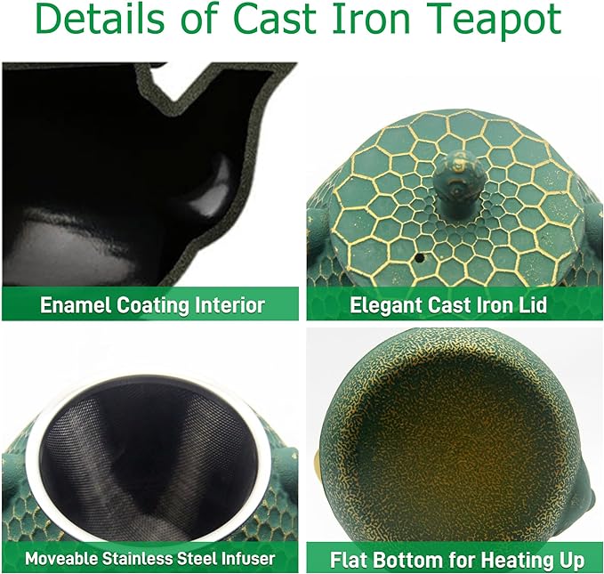 YJX Cast Iron Teapot and Cups Set, 33.8oz Hexagon Pattern Tea Pot Enameled Interior, Tea Kettle for Stovetop, Japanese Teapot Set with Teacups for Adults, Green Kettle with Infuser for Loose Leaf