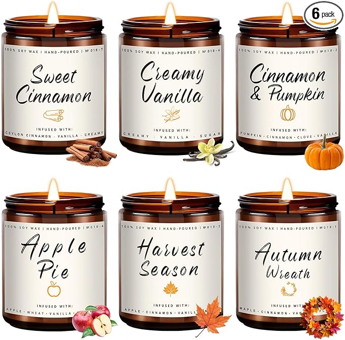 Auelife Fall Candles, 6 Pack Scented Candle Set, 42 oz Autumn Soy Candles for Home Scented, Fall Candle Gifts Set for Men and Women, Autumn Home Decor of Wreath/Apple/Latte/Harvest/Vanilla/Cinnamon - Bloomnest