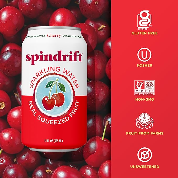 Spindrift Sparkling Water, Cherry Flavored, Made with Real Squeezed Fruit, 12 Fl Oz Cans, Pack of 24 (Only 21 Calories per Can) - Bloomnest