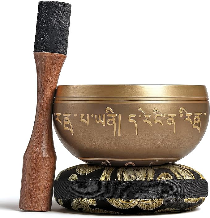 Handmade Tibetan Etched Singing Bowl Set – Sound Bowl & Meditation Bowl with Cushion, Mallet & Guide – Stress Relief Instruments – Spiritual Decor for Wellness Spaces – Yoga Relaxation Accessories