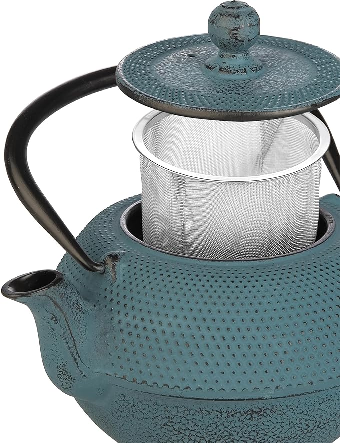 IBILI 40 Oz Azul Cast Iron Teapot | Made in Spain | Floral Design, Stainless Steel Infuser, Enameled Interior, Stovetop & Induction Compatible, Japanese Kettle for Loose Leaf Tea, Tetsubin Design Blue - Bloomnest