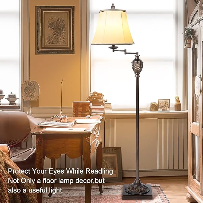 Traditional LED Floor Lamp with 350° Adjustable Swing Arm Lamp – Vintage Standing Pole lamp for Living Room, Bedroom and Office – Rustic Upright Floor Light for Home Décor with Faux Silk Fabric Shade - Bloomnest