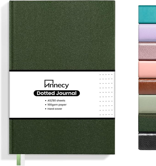 Annecy Numbered Bullet Dotted Journal Notebook, Medium 5.5x 8.25, 160 Pages 100GSM Writing Paper, A5 Deep Green Faux Leather Cover with Pen Loop - Bloomnest