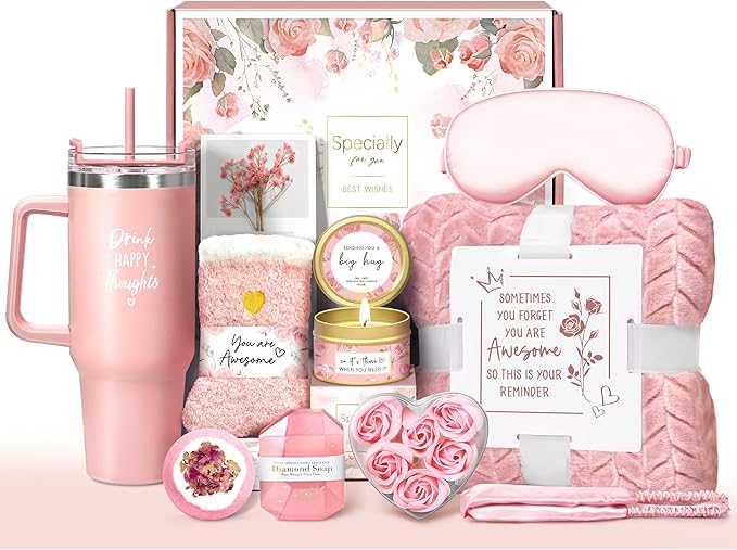 Birthday Gifts for Women Self Care Get Well Soon Gifts, Rose Relaxing Spa Gift Basket - Happy Birthday Set w/ Luxury Flannel Blanket & 40 oz Tumbler, Christmas Gift for Mom Her Wife Sister Friend - Bloomnest