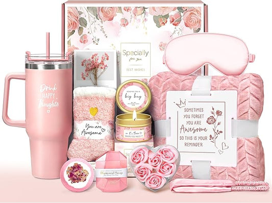 Birthday Gifts for Women Self Care Get Well Soon Gifts, Rose Relaxing Spa Gift Basket - Happy Birthday Set w/ Luxury Flannel Blanket & 40 oz Tumbler, Christmas Gift for Mom Her Wife Sister Friend