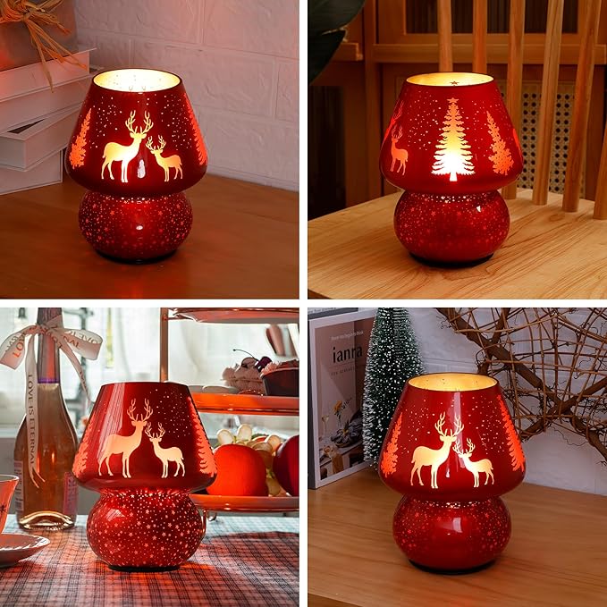 Christmas Battery Operated Mushroom Lamp - Vintage Small Table Lamp with Timer, Cordless Bedside Nightstand Lamp, Glass Battery Powered Lamp for Bedroom Kitchen Living Room Decor Aesthetic - Bloomnest