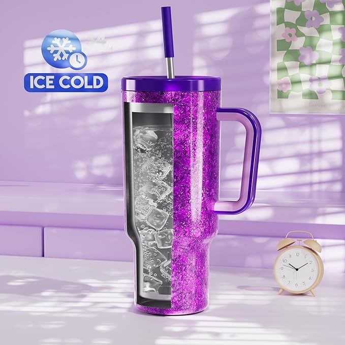 Meoky Tumbler with Handle and Straw for Women: 40 oz Stainless Steel Insulated Tumbler with Lid and Straw 100% Leakproof for Car Travel Home - Fashion Enthusiasts, Lavender - Bloomnest