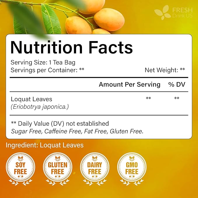 FreshDrinkUS, Premium 40 Tea Bags Loquat Leaf Tea | Eriobotrya japonica | Herbal Tea Bags | Naturally Dried Loquat Leaves | Caffeine-Free Botanical Tea. Sugar-Free. Caffeine-Free. Vegan - Bloomnest
