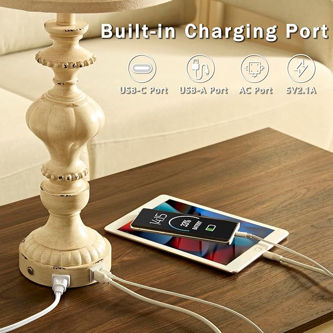 27.5" Farmhouse Table Lamps Set of 2 Bedside Nightstand Lamp with USB C+A Ports & AC Outlet, 3 Way Dimmable Touch Lamps for Bedroom Living Room Office Hallway Rustic Traditional Lamp - Bloomnest