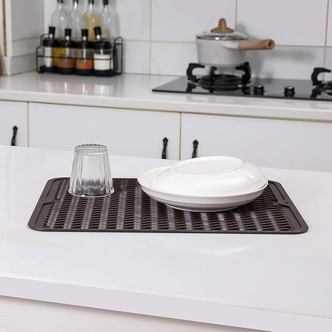 Silicone Dish Drying Mat for Multiple Usage,Easy clean,Eco-friendly,Heat-resistant Silicone Mat for Kitchen Counter or Sink,Refrigerator or drawer liner Coffee L 16 inches x 12 inches - Bloomnest