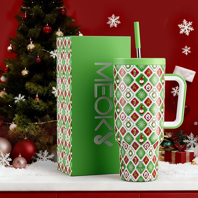 Meoky 40 oz Christmas Tumbler with Handle and Straw, Xmas Tumbler with Lid and Straw, Insulated Stainless Steel Travel Mug, Christmas Gifts for Women Men Adults (Snowy Santa) - Bloomnest
