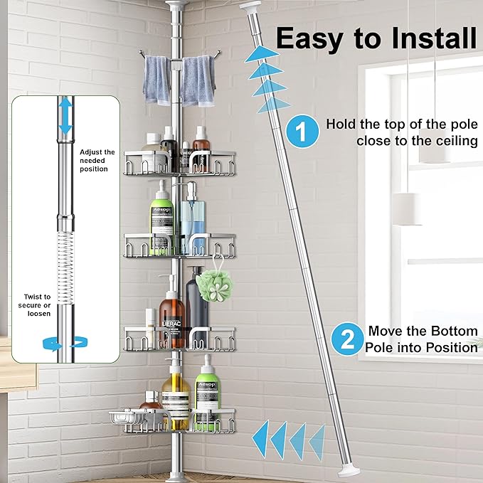Corner Shower Caddy Tension Pole 4 Tier Adjustable Stainless Steel Shower Shelf for Inside Shower Bathtub Shampoo,Standing Bathroom Organizer Shelves with 39 to 113 inch Height - Bloomnest