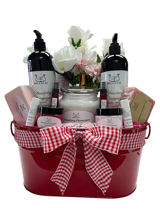 Bella Liz Strawberry Gift Set – 14 piece Spa Set with Soy Candle, Handmade Soaps, Body Wash & Lotion, Bath Bombs, Lip Balms, Sugar Scrub, Body Butter & More – Self-Care Gift