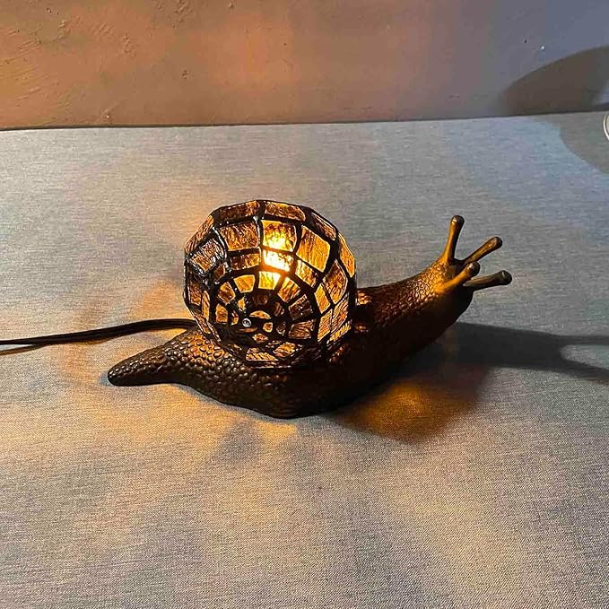 Bieye L10980 Land Snail Tiffany Style Stained Glass Accent Table Lamp for Home Decoration (Amber, 10" D x 5" W x 5" H) - Bloomnest