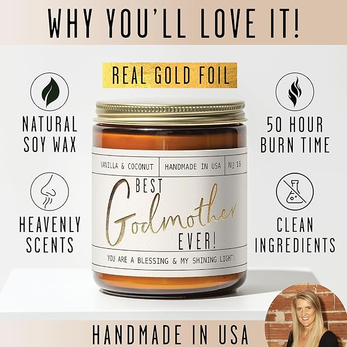 Godmother Gift - 'Best Godmother Ever!' Candle, w/Coconut & Vanilla - Godmother Gifts from Godchild I Godmother Proposal Gift I God Mother Gifts for Women I God Mom I 50Hr Burn, USA Made - Bloomnest