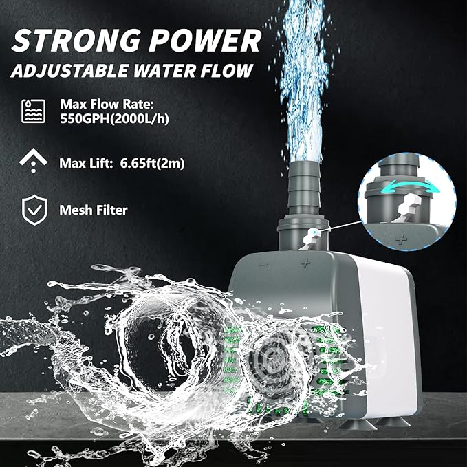 550GPH Submersible Water Pump, Fountain Pumps with Over Heating Protection Adjustable Flow Rate Desin 6.5ft High Lift for Fountains, Hydroponics, Ponds, Aquariums & More - Bloomnest