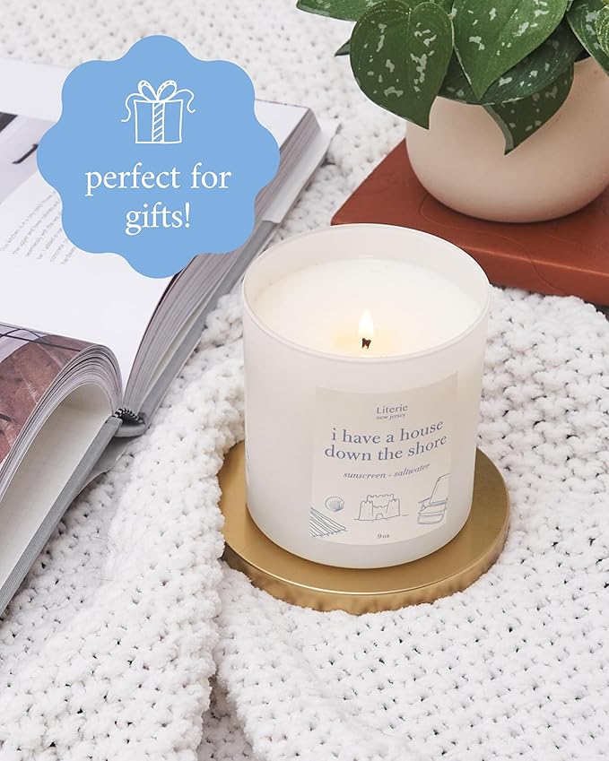 Literie NJ Inspired Scented Candle: I Have a House Down The Shore - Sunscreen & Saltwater Scented, 9oz, 50 Hour Burn, Vegan Soy & Coconut Blend Candle for Home Decor, Gift for Women & Men - Bloomnest