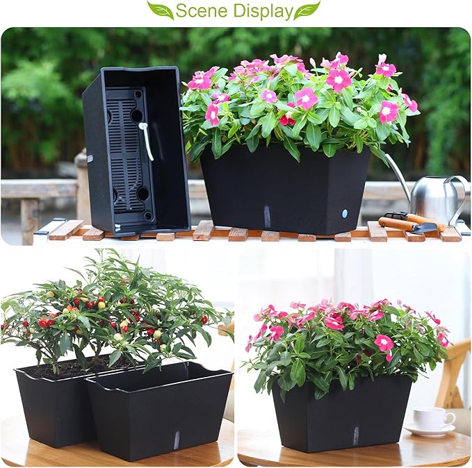 Window Box Planter 6 Pcs, 12.1 Inches Self Watering Plant Pots Rectangle Flower Pots with Drainage Holes and Breathable Trays, Vegetable Planters for Windowsill Patio Garden Balcony Porch Yard (Black) - Bloomnest