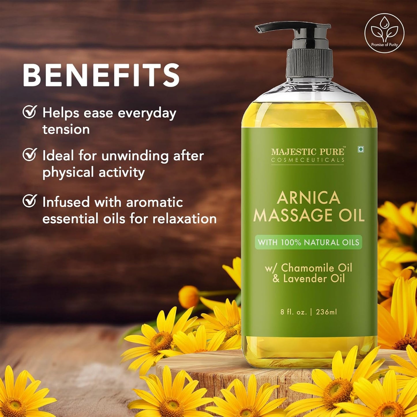MAJESTIC PURE Arnica Massage Oil for Massage Therapy - Refreshing, and Relaxing - Natural Oils with Lavender & Chamomile Essential Oils - for All Skin Types - Men and Women - 8 fl oz