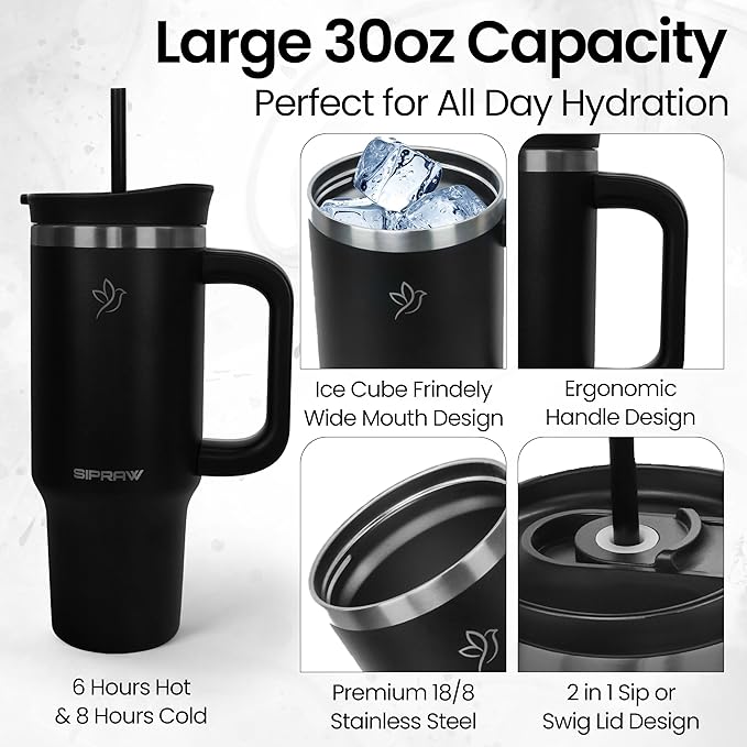 Tumbler with Handle, Insulated Tumbler with Lid and Straw, Stainless Steel Travel Coffee Mug, Cup Holder Friendly, Perfect for Camping, Travelling & Gifting, 30oz, Black - Bloomnest