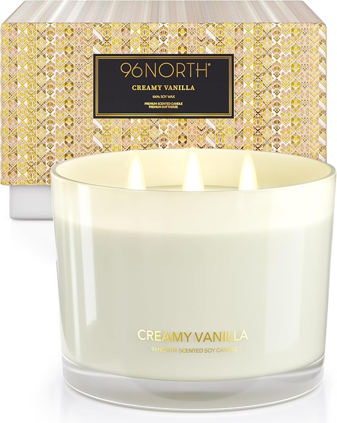 96NORTH Creamy Vanilla Scented Candles | Large 3 Wick Jar Candle | Up to 40 Hours Burning Time | 100% Natural Soy Wax | Relaxing Scented Candle for Home | Gift-Ready Luxury Candle for Men & Women - Bloomnest