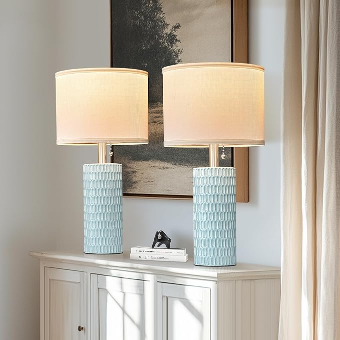 Table Lamps for Living Room Set of 2, Ceramic Table Lamps for Bedroom, 20" Modern Lamps for Night Stands, Blue - Bloomnest