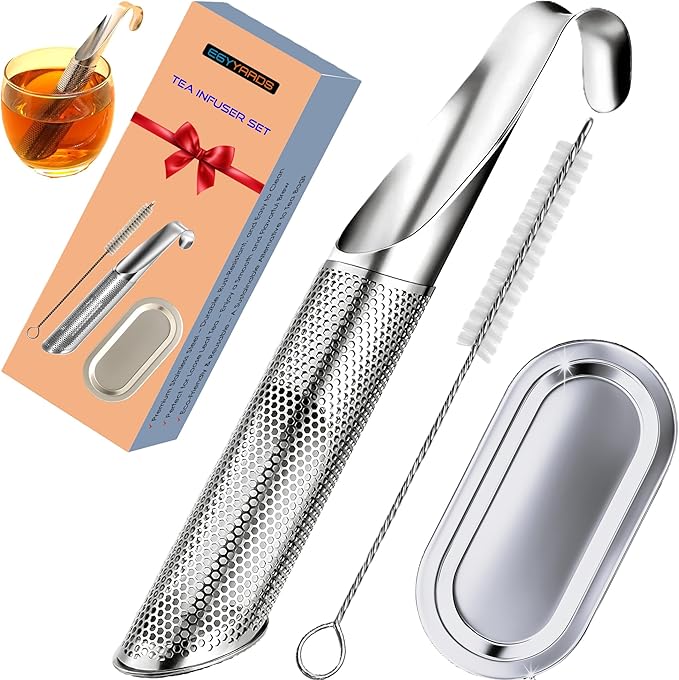 304 Food-grade Stainless Steel Tea Infusers for Loose Leaf Tea and Herbs - Reusable Fine Mesh Metal Long-Handled Tea Strainers with Hanging Hook, Brush and Drip Tray for Single Cup Brewing