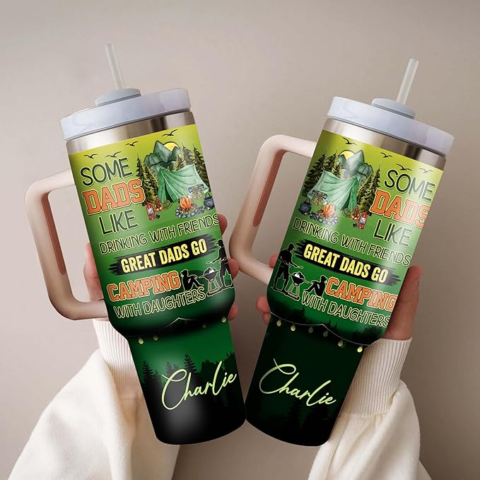WAZONE Personalized Camping Dad Tumbler 40oz with Handle and Straw Great Dad Go Camping With Daughters Fathers Day Birthday Christmas Gifts for Fathers Grandpa from Daughter Son Kids - Bloomnest