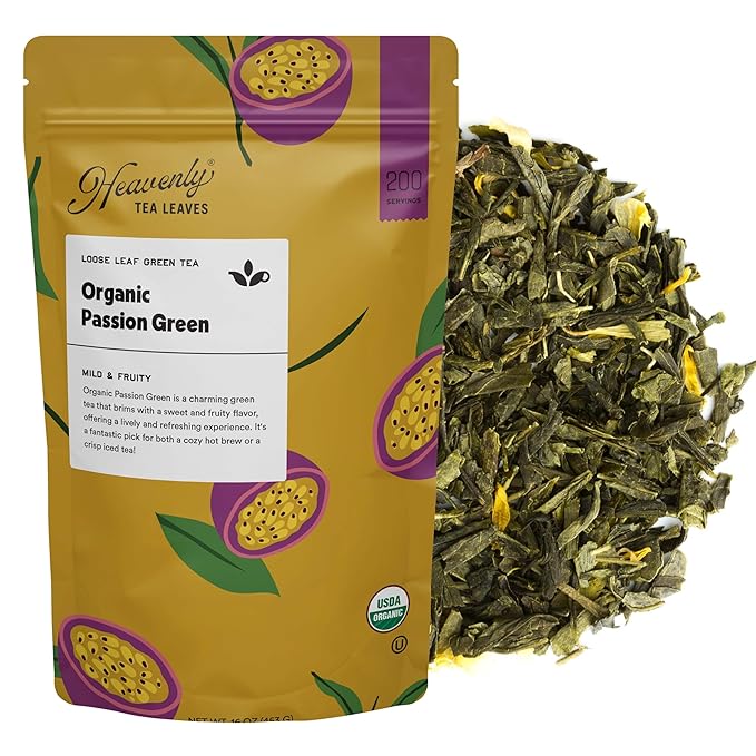 Heavenly Tea Leaves Organic Passion Green, Bulk Loose Leaf Green Tea, 1 Lb. (Approx. 200 Servings) - Antioxidant Rich, Immune Boosting, Hot or Iced Tea, Great Natural Energy Source - Bloomnest