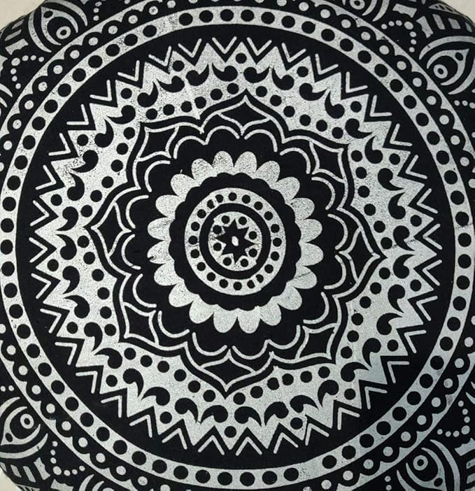 INDIAN CRAFT CASTLE 24" Black Silver Mandala Barmeri Large Floor Pillow Cover Cushion Meditation Seating Ottoman Throw Cover Hippie Decorative Zipped Bohemian Pouf Ottoman Pom Pom Cases 24" Round - Bloomnest