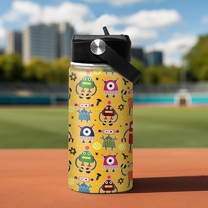 Kids Water Bottle with Straw Robot Insulated Water Bottles 12oz Stainless Steel Travel School Tumbler Double Wall Vacuum Cup for Boys Kid - Bloomnest