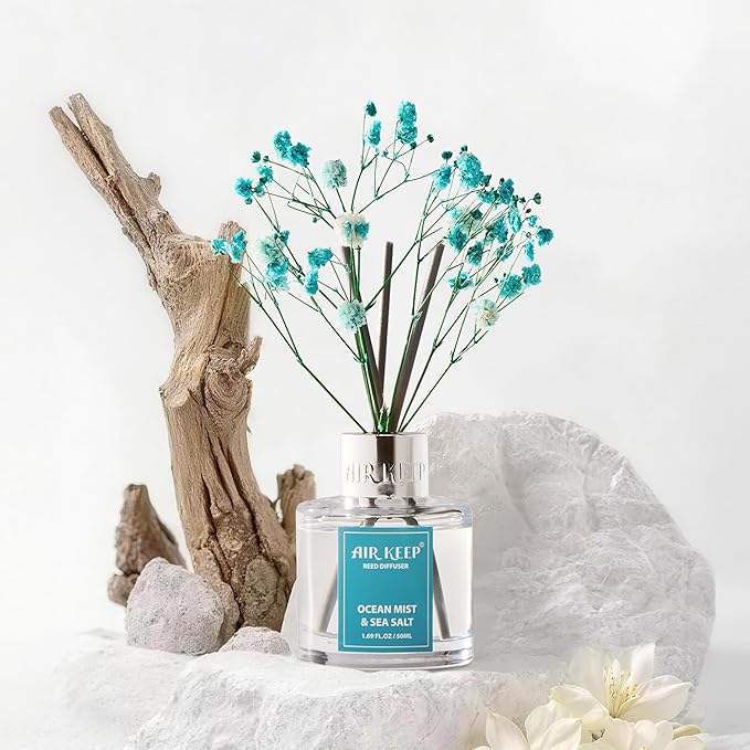 Airkeep Reed Diffuser Set,1.69 fl oz (50 ml) - Ocean Mist&Sea Salt Oil Diffusers with 8 Reed Sticks,Home Fragrance Reed Diffuser for Bathroom Shelf DecorSALT - Bloomnest