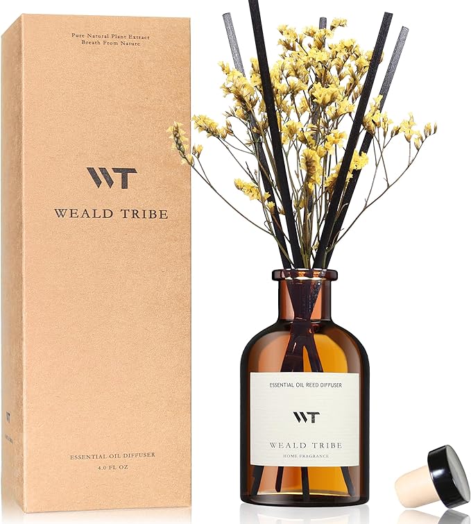 WEALD TRIBE Reed Diffuser Set for Bathroom Air Fresheners, Oil Diffuser Sticks with Flower | Lemongrass Scent 4.0 fl oz Home Fragrance with Sticks Defusers | House Bedroom Office Shelf Decor - Bloomnest