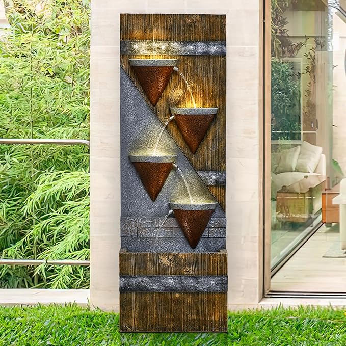 49.21" Outdoor Garden Water Fountain with Lights Floor-Standing 4 Tiers Cascading Large Waterfall Fountain for Patio, Backyard, Deck, Porch and Home Art Decor