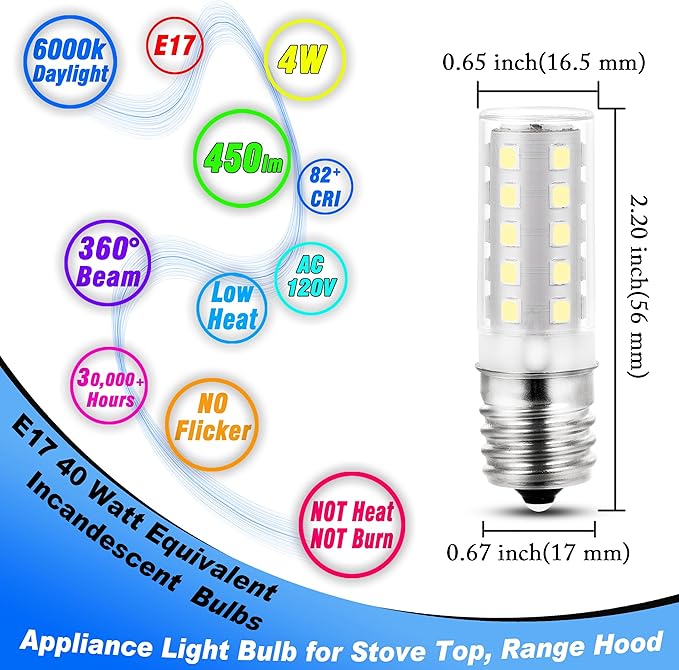 E17 Stovetop Microwave Light Bulbs 4 Watt Equivalent 40 Watt 6000K Daylight White 120V LED Intermediate Base Light Bulb for Pendant Chandelier Ceiling Fan Range Hood,Non-Dimmable,450lm,5 Pack - Bloomnest
