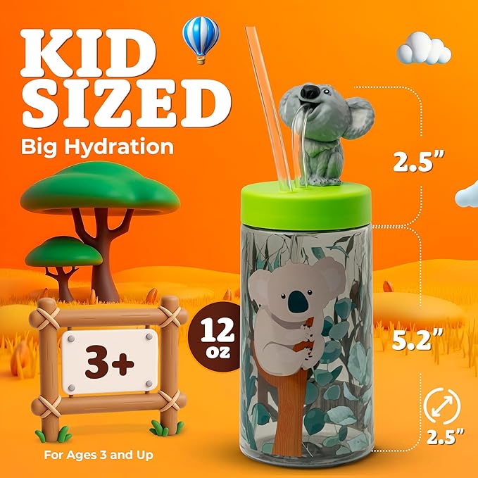 Trend Zoo Koala Cup, Water Bottle, Tumbler with Lid and Straw, Travel Sippy Cup for Water or Milk, Cups with Lids BPA Free Plastic, 12 oz - Bloomnest