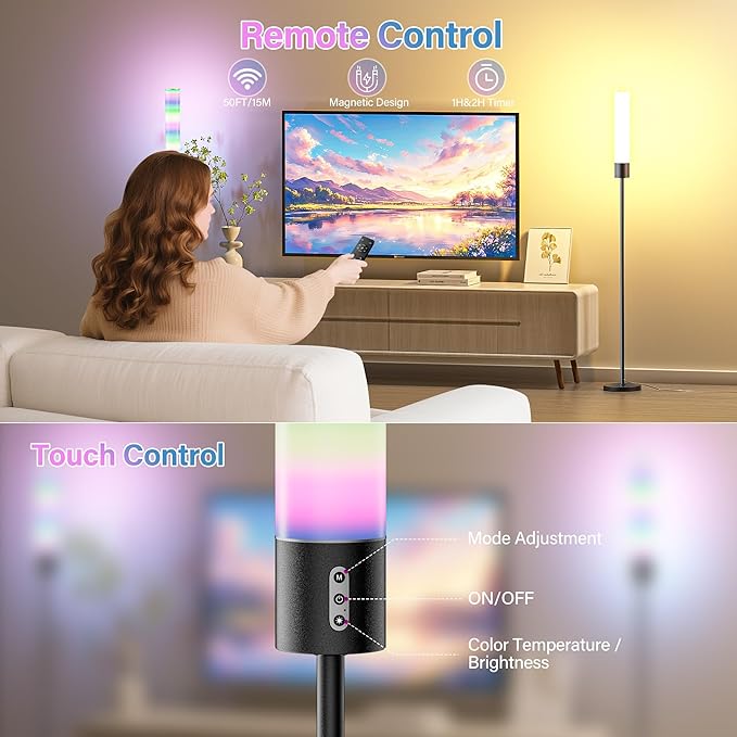 Cylindrical Floor Lamp with RGB, Led Corner Lamp with Remote Control & Warm Cool White Light, Standing Floor Lamp for Living Room, Bedroom, Office - Bloomnest